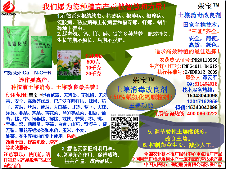 榮寶（氰氨化鈣）顆粒殺菌劑，土壤消毒、緩釋氮鈣營(yíng)養(yǎng)、肥料增效、土壤改良四效合一，殺滅根結(jié)線蟲，防治根腫病、根腐病、枯萎病、流膠病、蓮藕腐敗病等土傳病害，殺滅福壽螺、釘螺等地下害蟲，解決連作障礙